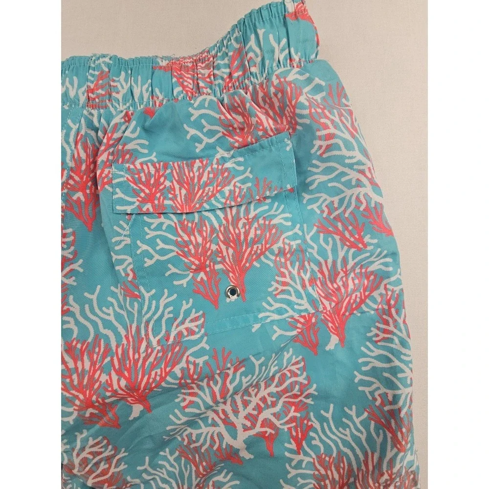 Hang Ten Men's M‎ Swim Trunks Coral Reef Blue Pink Elastic Waist Drawstring